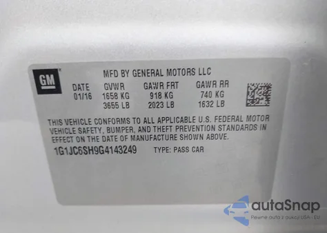 2016 Chevrolet Sonic Lt Auto from USA, damaged, VIN 1G1JC6SH9G4143249